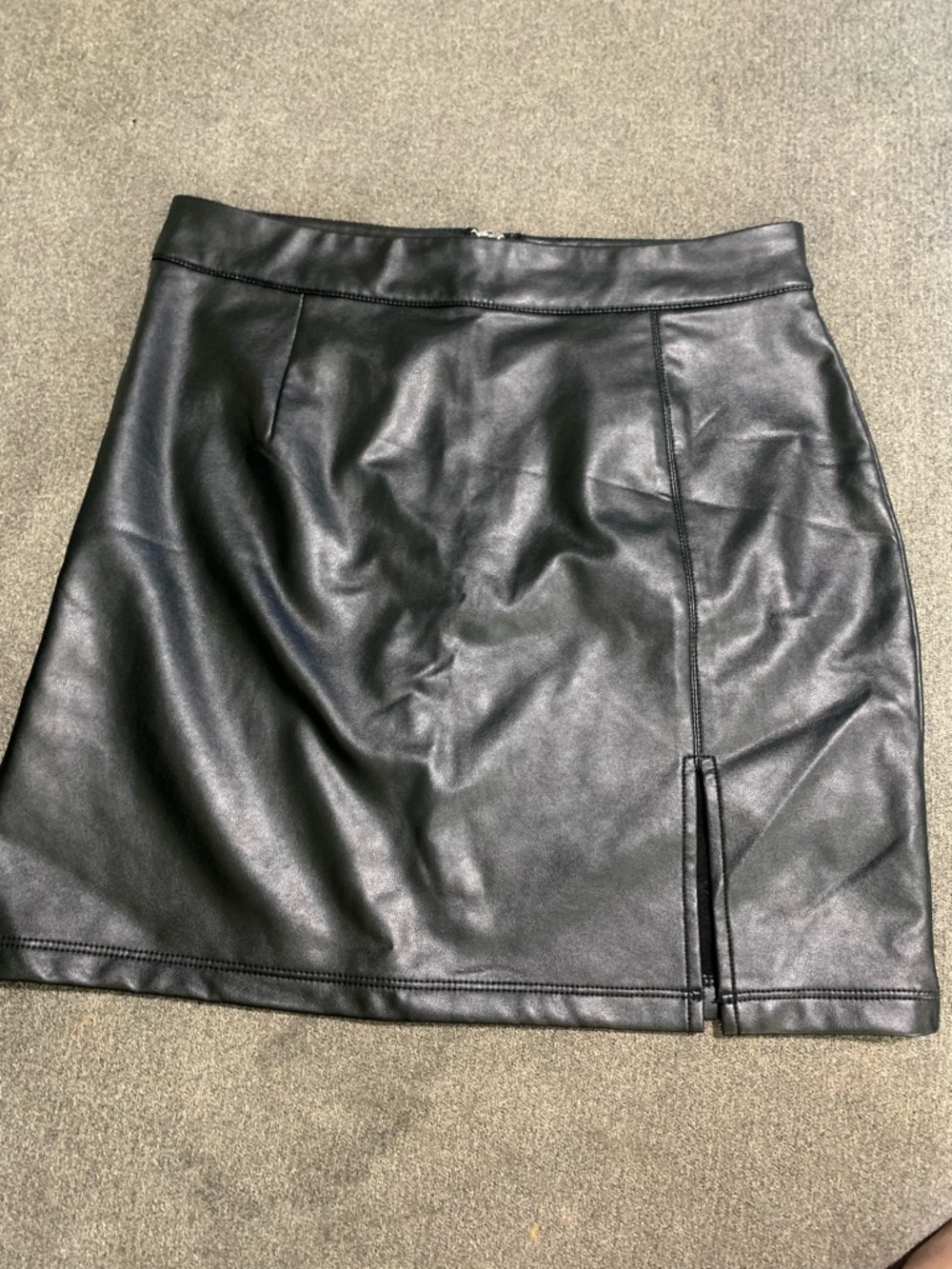 Chocolate Black Faux Leather Mini Skirt with Front Slit